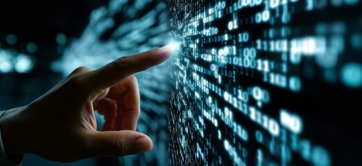 Human hand interacting with a wall of binary code symbolizing digital interaction and the interface between humans and technology in a futuristic digital world