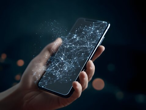 Person holding a smartphone with a digital network overlay on the screen view