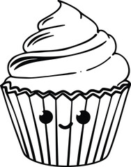 Cute Smiling Cupcake With Whipped Cream Design in Black and White Art


