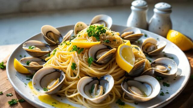 Italian pasta: spaghetti cooked with clams and lemon or tossed in oil, white wine, garlic, and parsley - aerial view.
