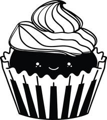 Cute Smiling Cupcake With Whipped Cream Design in Black and White Art

