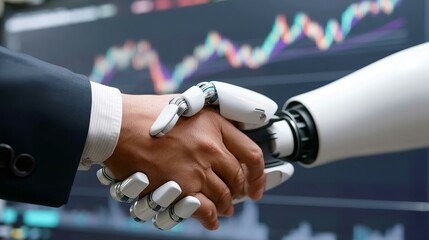A Human Hand Shakes the Hand of a Robotic Arm in Front of a Stock Market Chart