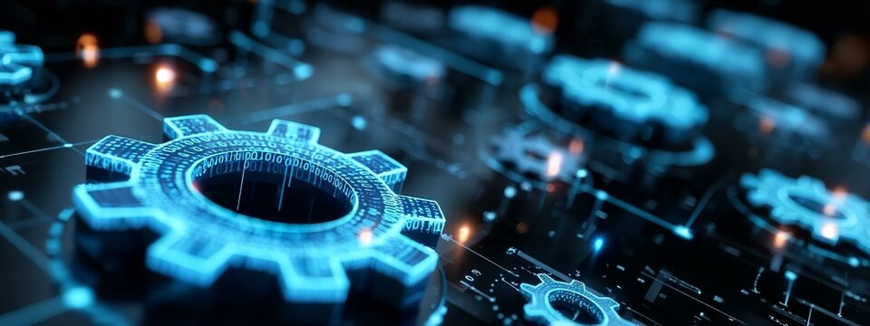 Digital 3d gear icon with binary code artificial intelligence in system setting optimization automation workflows software customization options and personalized user interfaces design