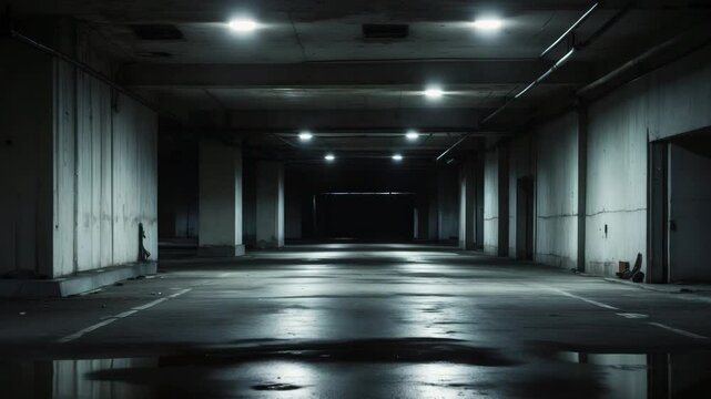 terrifying evening in a subterranean parking garage. run-down abandoned building.