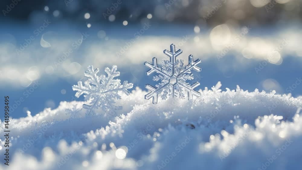 Poster glistening snowflakes, illuminated by light, settle on a layer of snow. every crystal is a unique cr