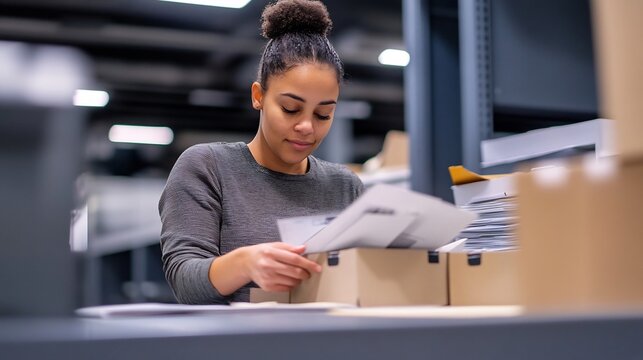 Full body portrait of Mailroom Assistant sorting mail packages large desk seamless untextured navy background assistants attention organization logistics ensures timely deliveries within the office