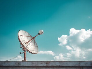 A satellite dish on a rooftop against a bright blue sky with fluffy clouds