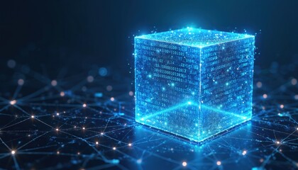 3D rendered cube with binary code on blue background, tech-inspired visual. Represents data stream, network, cyber security concept, future digital transformation, innovation. Suitable for, AI,