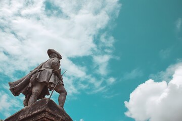 Fototapeta premium Statue of a man with a gun and hat against a blue sky with white clouds above