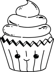 Cute Smiling Cupcake With Whipped Cream Design in Black and White Art

