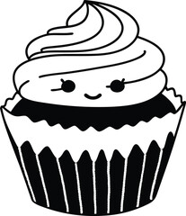 Cute Smiling Cupcake With Whipped Cream Design in Black and White Art

