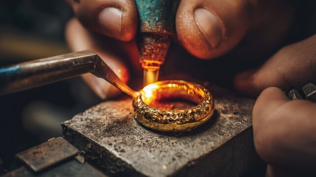 Artisan meticulously crafting a golden ring using soldering tools
