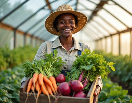 Smiling black woman farmer holding wooden box of fresh vegetables in greenhouse. Carrots beets, green plants. Female agricultural worker, entrepreneur, small business, sustainable farming, healthy - Powered by Adobe