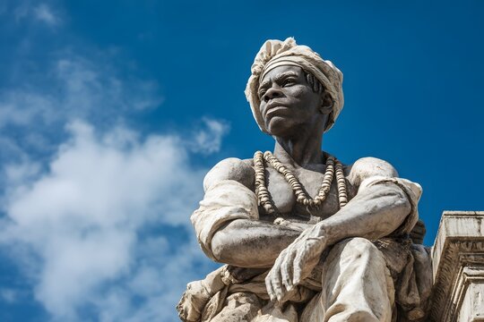Statue of zumbi dos palmares against a bright blue sky with white clouds