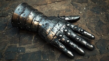 A medieval-style handcrafted metal gauntlet, polished and detailed --ar 16:9 --v 6.1 Job ID: a07a4d4f-c54c-4ce3-a23c-0dc98a7310ab
