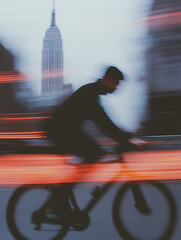 Obraz premium Silhouette of a cyclist riding through a city street with motion blur 