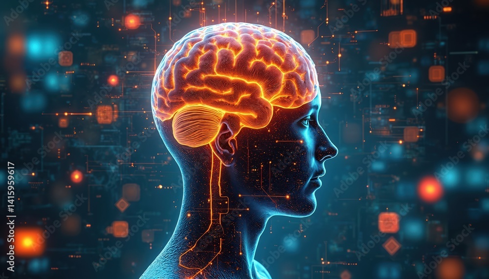 Poster digital image head with brain, circuitry. symbol of technology and engineering. tech innovation, fut