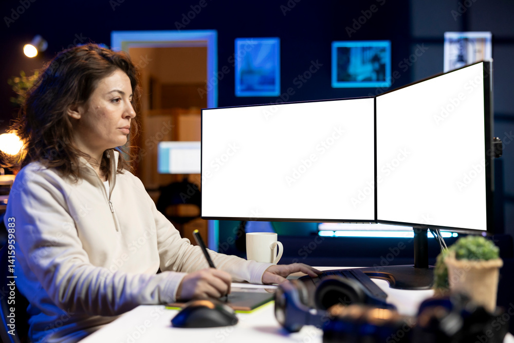 Poster photographer using photo editing software on mockup multi monitors setup to improve images quality. 