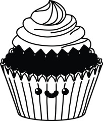 Cute Smiling Cupcake With Whipped Cream Design in Black and White Art

