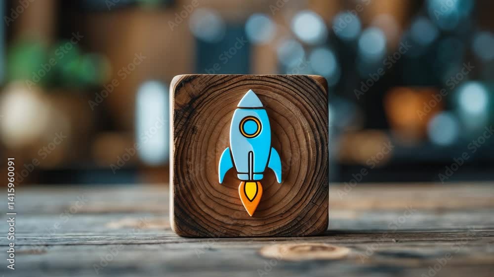 Poster a wooden block displaying a rocket icon representing the beginning of a fresh wave of entrepreneurs,