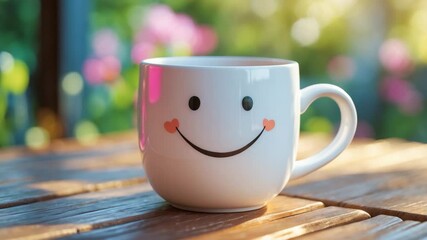 Cheerful mug set on a wooden surface. Concept of joy and ?????? for an individual.