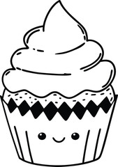 Cute Smiling Cupcake With Whipped Cream Design in Black and White Art

