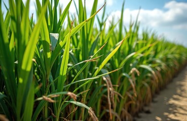 Fototapeta premium Green sugarcane field under sunlight. Vietnamese agriculture, farming. Mekong delta landscape, crop plantation during harvest. Blue sky background, summer season, rural farmland, eco friendly
