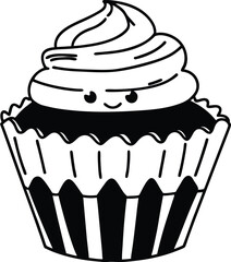 Cute Smiling Cupcake With Whipped Cream Design in Black and White Art

