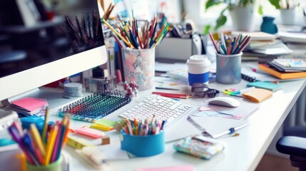 Messy office desk with colorful supplies, computer, and coffee cup