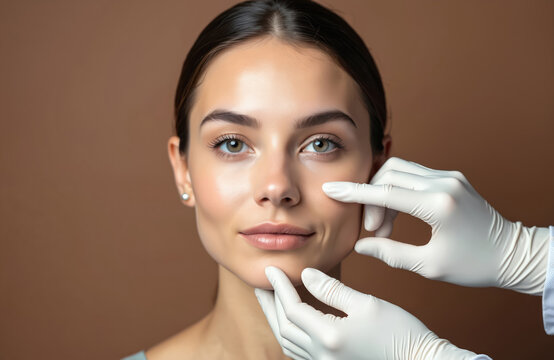 Surgeon hands touching woman face examining skin before plastic surgery. Doctor in gloves checking face. Cosmetology concept beauty, health, skin, clinic, medicine. Beauty procedures. - Powered by Adobe