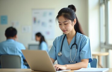 Asian female medical student focused on laptop. Doctor in scrubs studying, using computer at desk. Indoor, classroom, hospital setting, with stethoscope. Positive, attractive, happy young woman