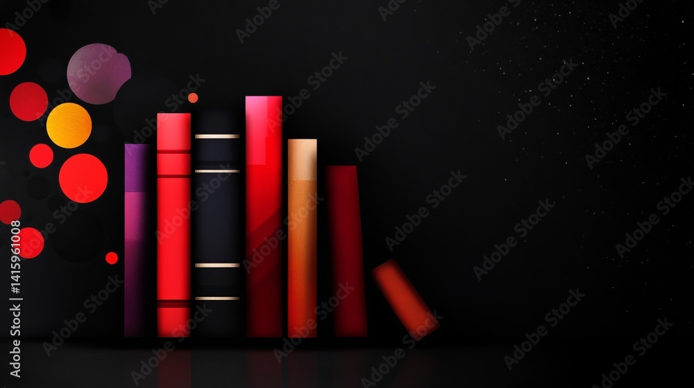 Poster colorful books stand arranged on a dark reflective surface with abstract circular shapes in the back