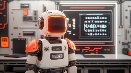 Futuristic humanoid robot standing in a modern lab with advanced technology and glowing elements in a scientific environment