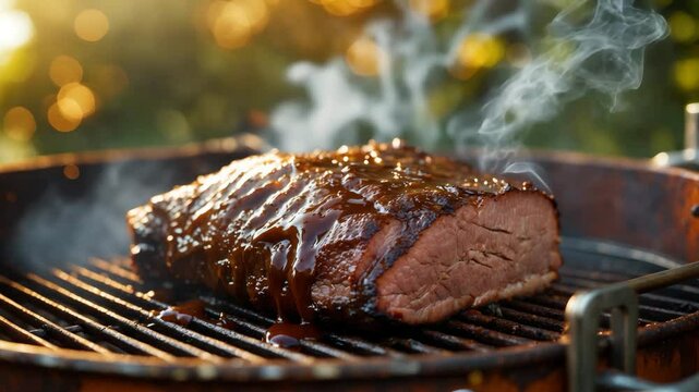 Close-up of a brisket grilling on a barbecue with sauce on top