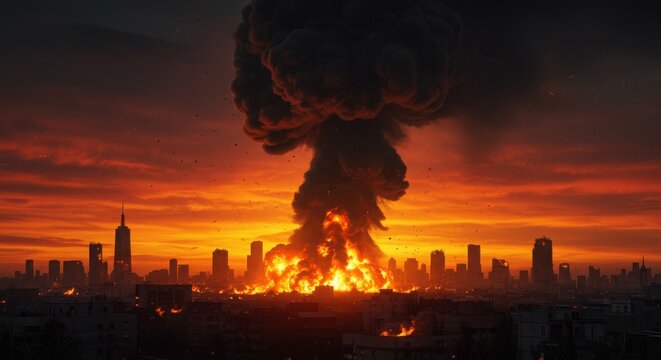 Catastrophic explosion illuminating a city skyline at sunset  