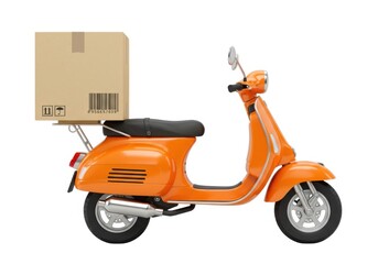 Obraz premium Orange delivery scooter with package isolated on white background