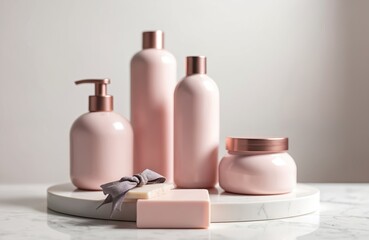 Set of various hair care cosmetic products on white background. Pink bottles, jars, soap bars arranged on marble stone. Body treatment, skin, beauty, spa concept. Minimalist design, soft light,
