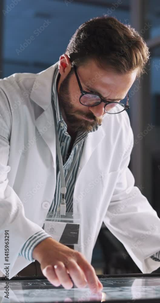 Aufkleber scientist man, interactive display and laboratory with scroll, review or analysis for innovation wit