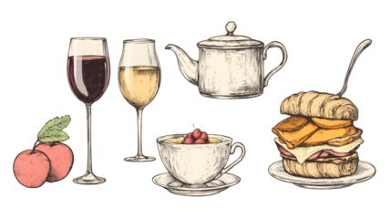 Elegant Tea Pot, Cup, Cake, Wine, Peaches, and Ramen Bowl Set for Tasteful Dining Experience