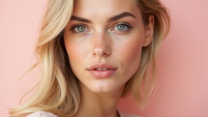 Naklejka premium A close-up portrait of a woman with blonde hair and striking blue eyes, smiling gently against a soft pink background, radiating natural beauty. Generative, AI,