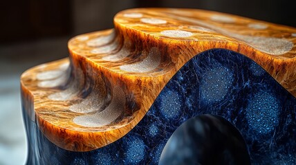 Artistic wooden sculpture with layered curves and vibrant colors, showcasing craftsmanship and unique design for modern decor.