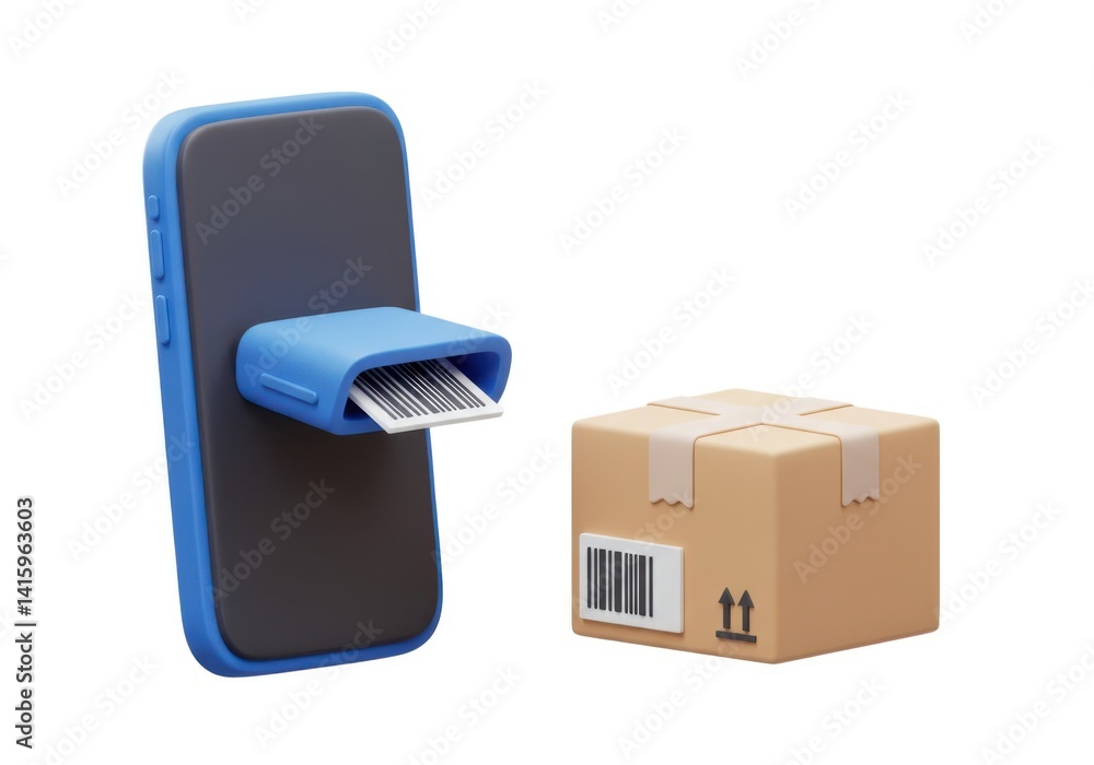 Poster barcode scanning app with package delivery box isolated on white background