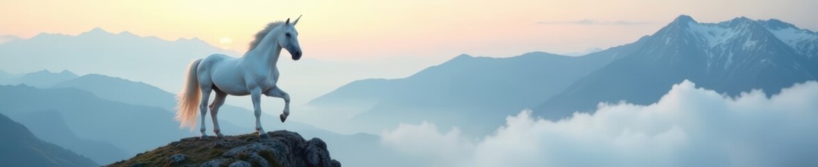 Regal white unicorn stallion standing proudly on a misty mountain peak, misty, proud