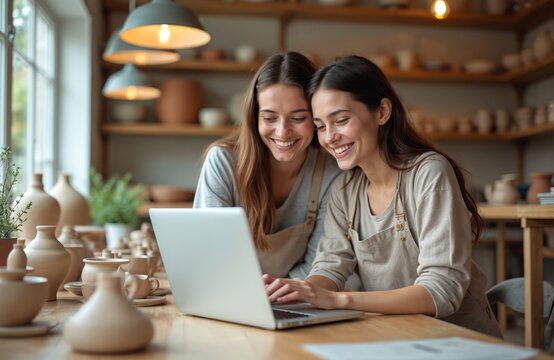 Two young smiling female ceramists work on laptop together in shop. They are using technology, maybe selling handmade ceramic pottery online. Craft, small business, teamwork, professional workplace.