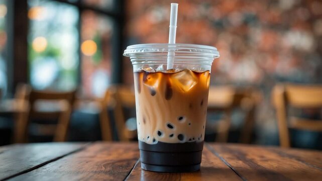 Close-up of a plastic takeaway cup brimming with iced coffee in a caf&eacute;.