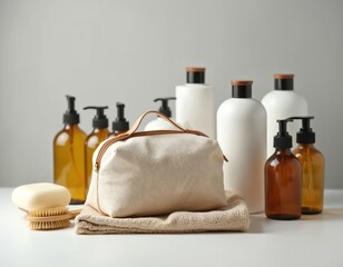 Set travel toiletries cosmetics isolated white background for adventure promotions. Skincare products, hygiene supplies, wellness essentials, grooming accessories, vacation kit for body, hair care.