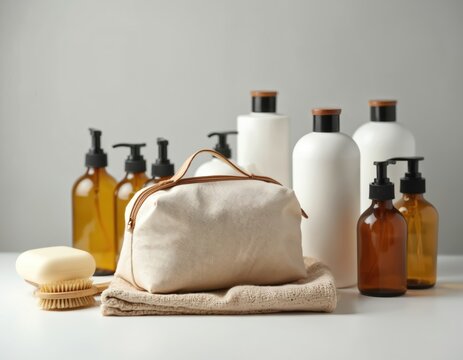 Set travel toiletries cosmetics isolated white background for adventure promotions. Skincare products, hygiene supplies, wellness essentials, grooming accessories, vacation kit for body, hair care.