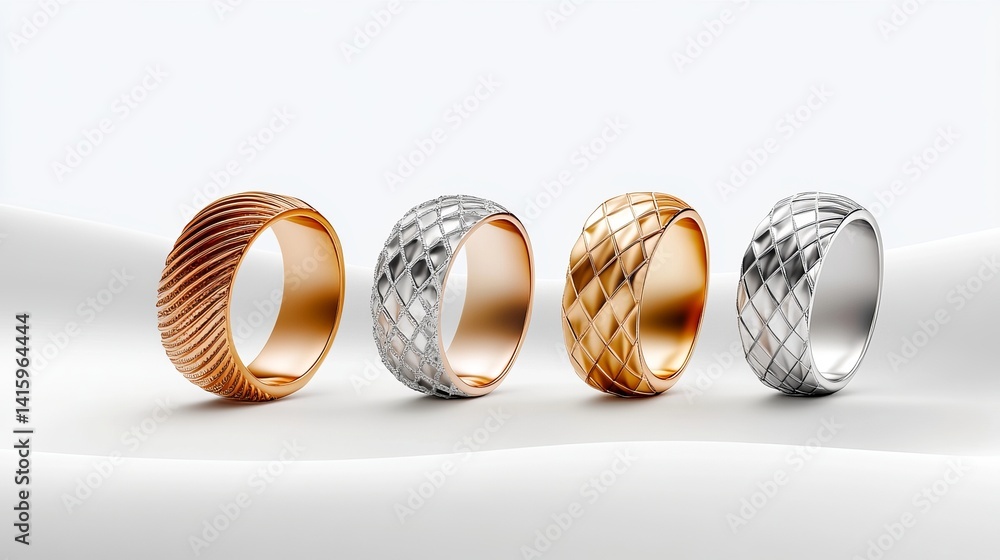 Poster four metal rings, each with a unique texture and color, are displayed on a white surface with soft l