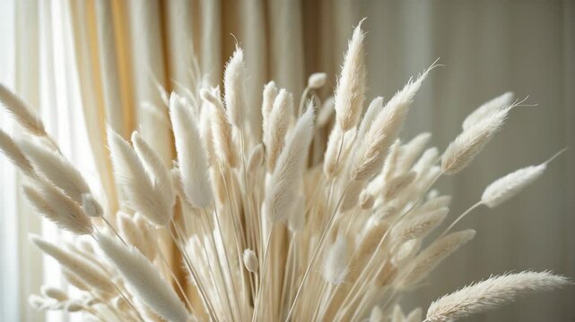 Close-up of a beautiful creamy dry grass arrangement. Bunny tail plant in front of a gently blurred curtain background. Selective focus. Home floral decor.