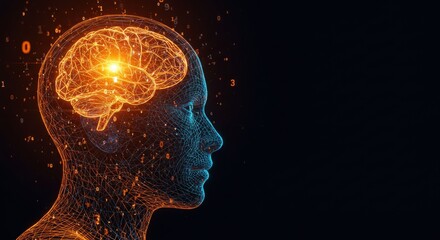 Human head with glowing brain representing thoughts and ideas  